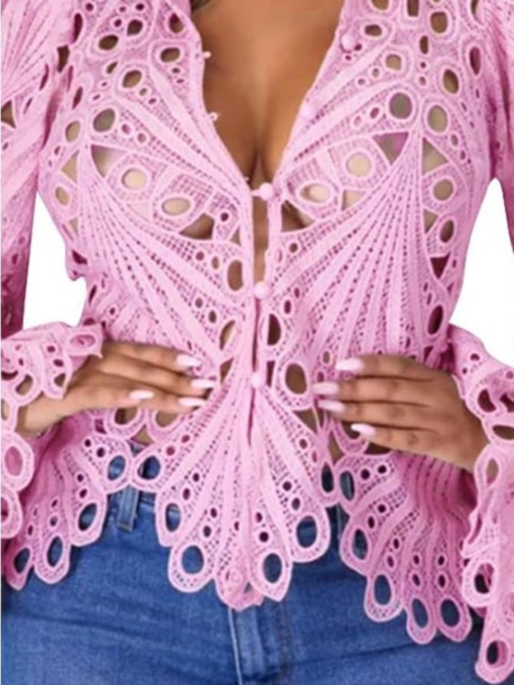 Women's Pink Crochet Lace Tie-Front Blouse